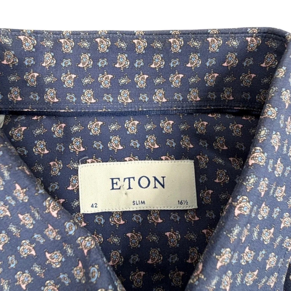 Eton Dress Shirt Mens 16.5 Blue Micro Paisley Slim Fit Poplin Cotton Long Sleeve - Picture 5 of 8